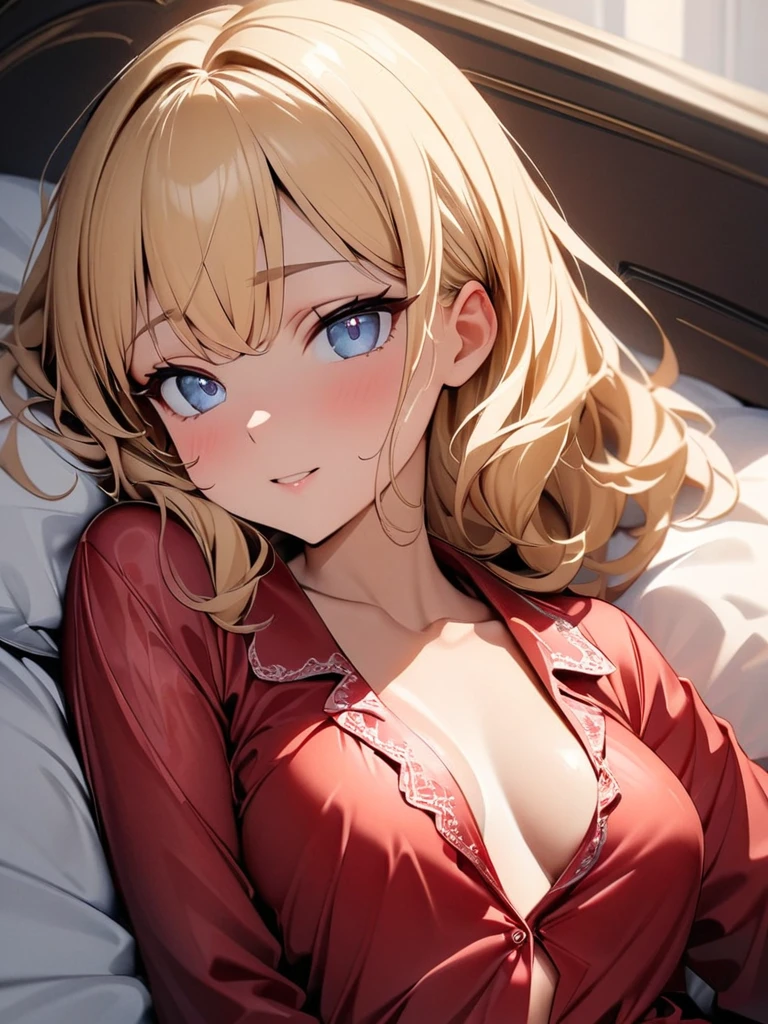 (High Quality, 8 K, 4K, High Contrast, Masterpiece: 1.2, Highest Quality, Best Aesthetics), 1 female, (real skin texture: 1.3), (film grain: 1.3), lovely sweet beautiful girl, solo, blonde hair, delicate beautiful face, lying on the bed, wearing red silk pajamas, pajamas smooth, warm colors, there is a refreshing touch. (Top Down Aerial), Masterpieces, Masterpieces by Masters, High Quality and High Resolution. A girl with beautiful delicate eyes and face, of the highest quality, sat on the edge of the bed, dressed in red lace-up pajamas, silk pajamas, delicate collarbones, and a medium sized chest. 