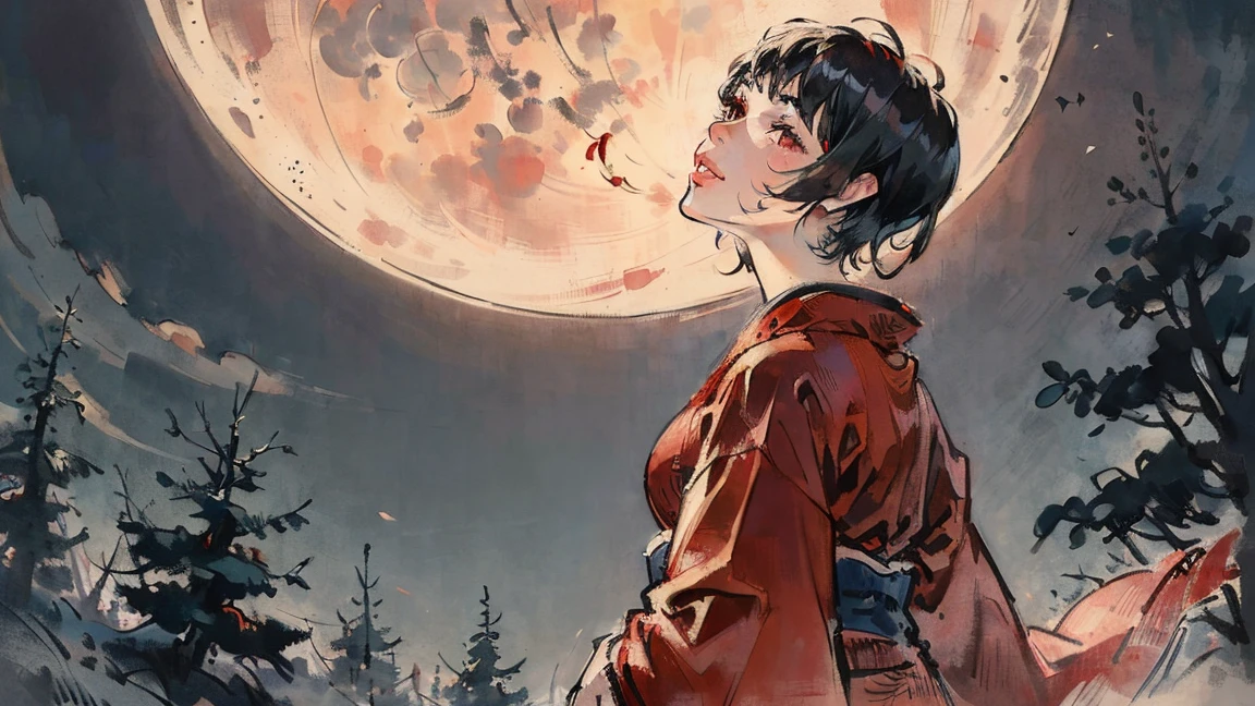 (((beautiful girl))), (((red cheek))),(((Pixie Cut))) ,(((light smile))),(((arched back))),(((Gazing Skyward))), (((Giant Pineの木))),(((Giant Pine))), (((shoot from below))),(((from side))),(((night))) (((Super huge full moon))), (Lips are red:1.5),20-year-old, Watercolor, masterpiece, Highest quality, Very delicate and beautiful girl,Very delicate and beautiful, world masterpiece theater, Super detailed, Very detailedな, Highest quality,(((fancy red kimono)))。 (((Black Hair))), (((Black Hair))), (((Black Hair))), (((Upper Body))),  High resolution, Very detailed,5 girls, Highest quality, figure, masterpiece, Highest quality, Accuracy, A woman in her twenties from the late Edo period, He has a modern anime-like face.