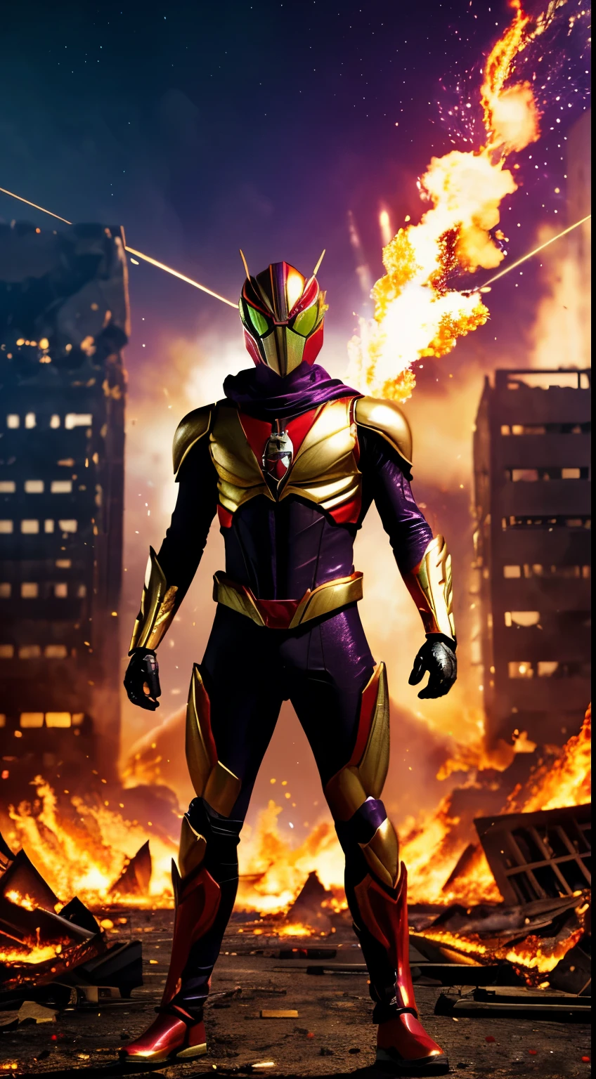 (kamen rider, (standing), full body detailed, grasshopper mask, gold, purple suit, red scarf, low hood, ((epic burning city)), ruins, floating, explosion, debris, some fire and glitter background, ultra hd, ultra realistic texture, (flare lens:1.2), (long shot:0.9)