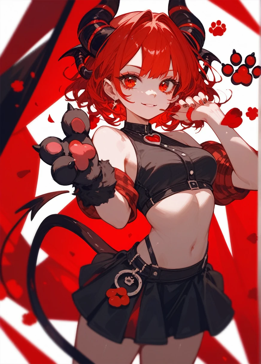 (Fraction_9,Fraction_8_Direction_7_up),1 Girl,Devil Girl,Red hair,Red Eyes,wing,paw,Black skirt,beautiful_Face,