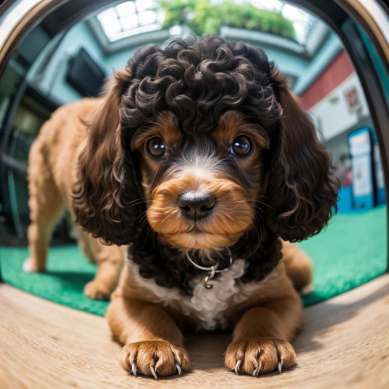 Puppy Poodle。Deform your face with a fisheye effect。 Cute expression。 Angle from the same perspective as the animals。The background is also realistic。Intricate details。8k。