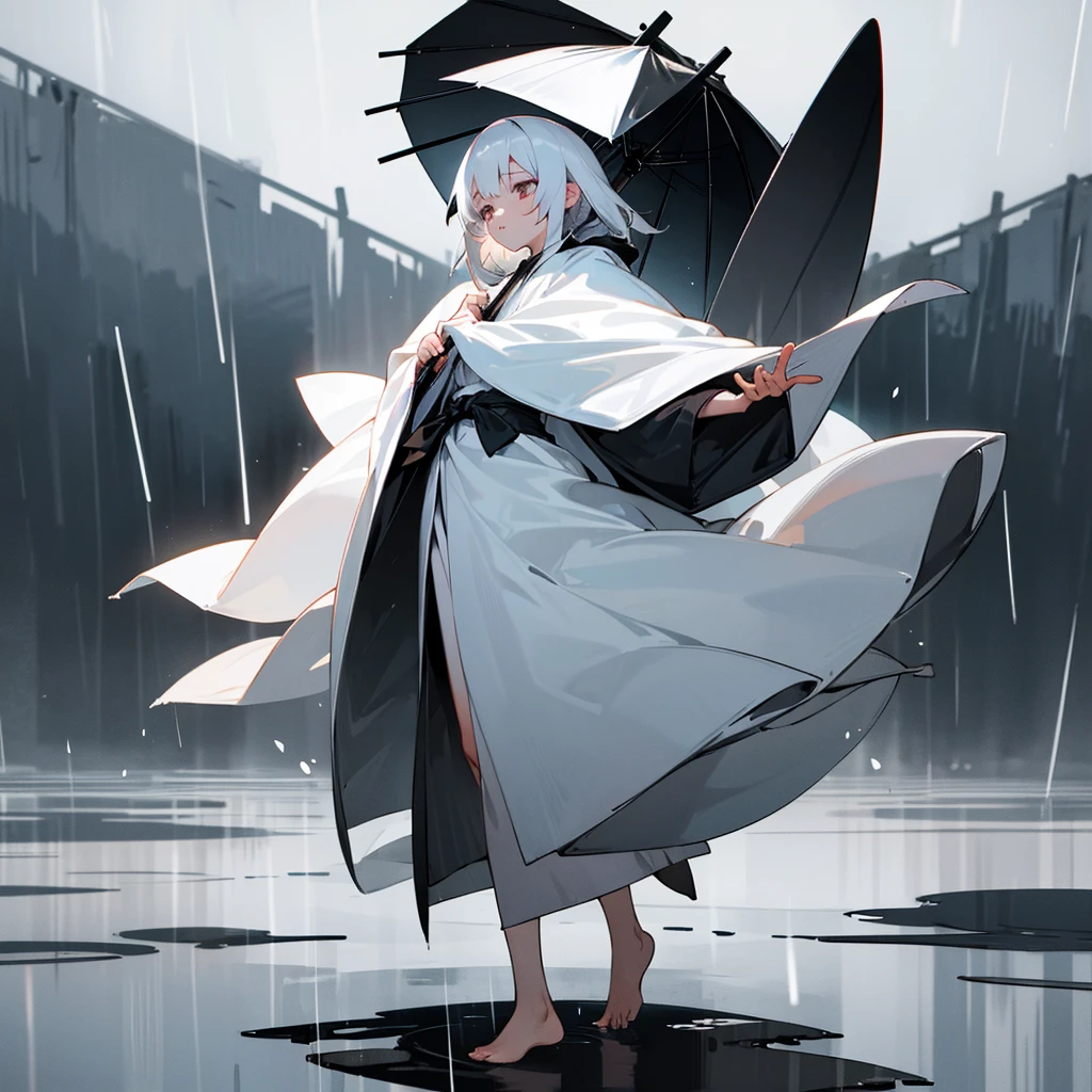 Girl,White robe that can touch the ground,Right,Long waist-length white hair,Barefoot,Holding a black oil-paper umbrella,Standing in the rain