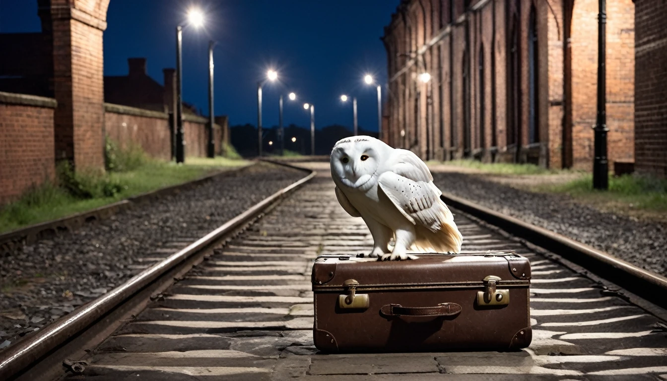 An old worn-out rolling suitcase, someone is pulling it. On top of the suitcase is a large white owl. The background is an old brick railway station, the lights are dim, mysteriously dark. Horroristic.