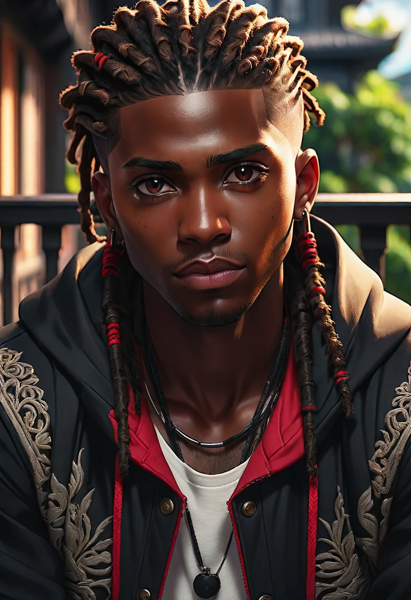 (masterpiece:1.2), (best quality), (ultra detailed), (8k, 4k, intricate),(half-body-shot:1), (highly detailed:1.2),(detailed background:1.2),((dark skin, handsome face,lips)) An close up of a person with dreadlocks on a balcony, handsome guy in demon slayer art, ( ( dark skin ) ), black anime male wearing black and white sport jacket, red shirt, short cornrows, brown eyes, 