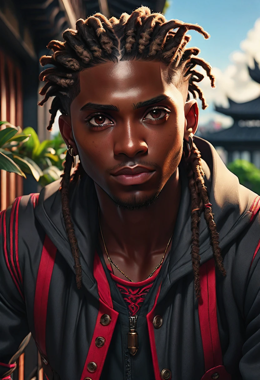 (masterpiece:1.2), (best quality), (ultra detailed), (8k, 4k, intricate),(half-body-shot:1), (highly detailed:1.2),(detailed background:1.2),((dark skin, handsome face,lips)) An close up of a person with dreadlocks on a balcony, handsome guy in demon slayer art, ( ( dark skin ) ), black anime male wearing black and white sport jacket, red shirt, short cornrows, brown eyes, 