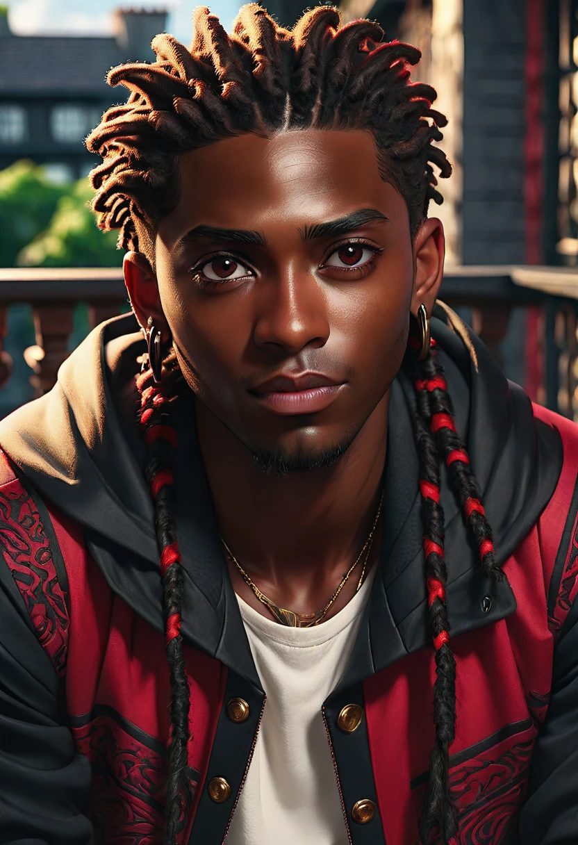 (masterpiece:1.2), (best quality), (ultra detailed), (8k, 4k, intricate),(half-body-shot:1), (highly detailed:1.2),(detailed background:1.2),((dark skin, handsome face,lips)) An close up of a person with dreadlocks on a balcony, handsome guy in demon slayer art, ( ( dark skin ) ), black anime male wearing black and white sport jacket, red shirt, short cornrows, brown eyes,