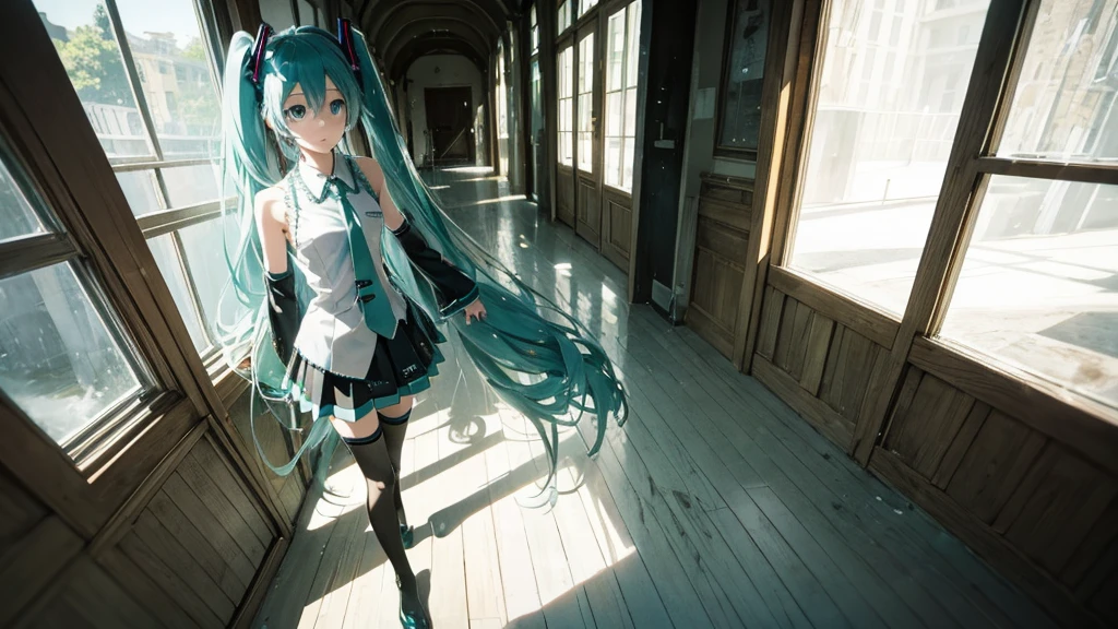 Hatsune Miku wanders through the corridors of time、A fantastical illustration depicting a scene where fragments of the past, such as faded photographs, are picked up.。