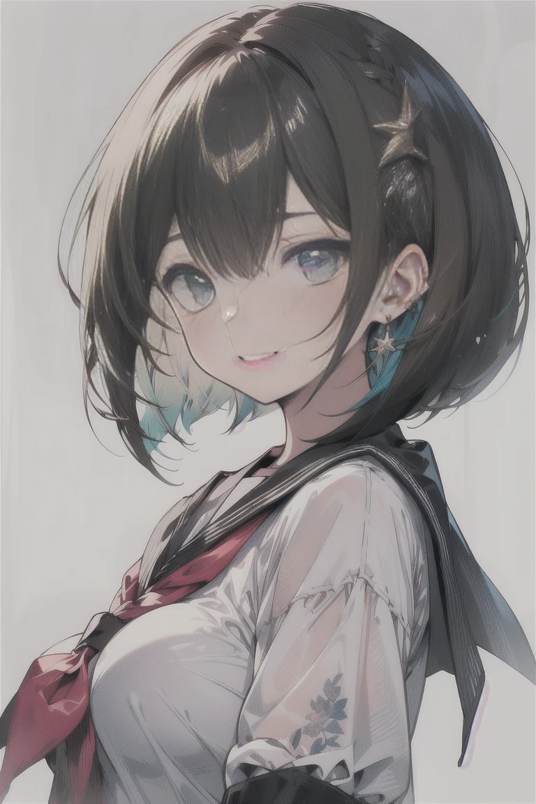 (best quality), (Super detailed), (Best Illustration), (masterpiece), score_9, score_8_up, score_7_up, (4k), (1woman), (white serafuku), (large breasts), {brown hair, (sideburns), (bob cut:1.3), curly hair, hairs between eyes, colored inner hair}, blue eyes, grin, nose blush, earring,