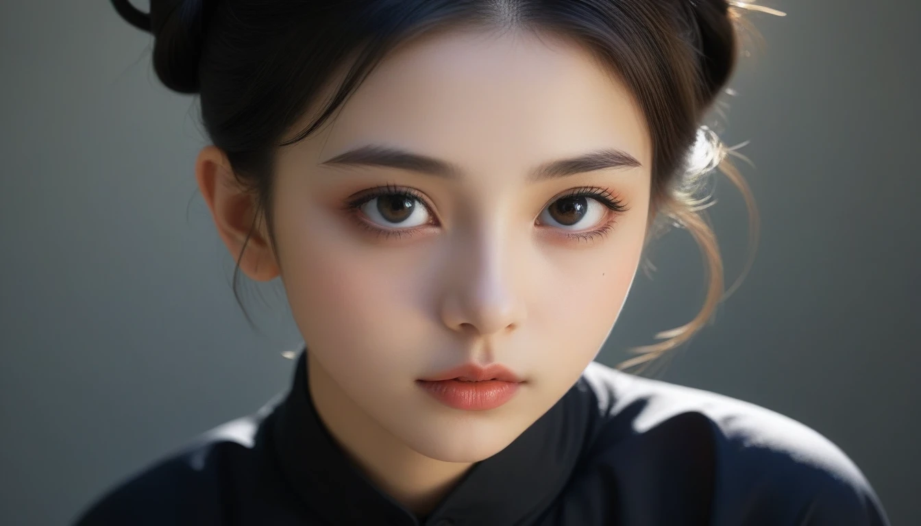 8K, 超high resolution, best quality, masterpiece, Surrealism, photo, 1 girl, (************:1.3), Lovely女の子, LovelyFace, Beautiful eyes in every detail, Black silk dress、Intellectuals,(Gaziantep:1.5), closure, masterpiece, best quality, 生photo, Practical, Face, Unbelievably ridiculous, beautiful girl, Lovely, Hair Bun, Writing border depth, high resolution, 超detailed, Finely, 非常にdetailedな, 非常にdetailedな eyes and Face, Sharp pupils, Practical students, Clear focus, light、Writing border depth、Vivid details、detailed、Surrealism、Light and Shadow,glare,Fashion magazine cover,Thin lips