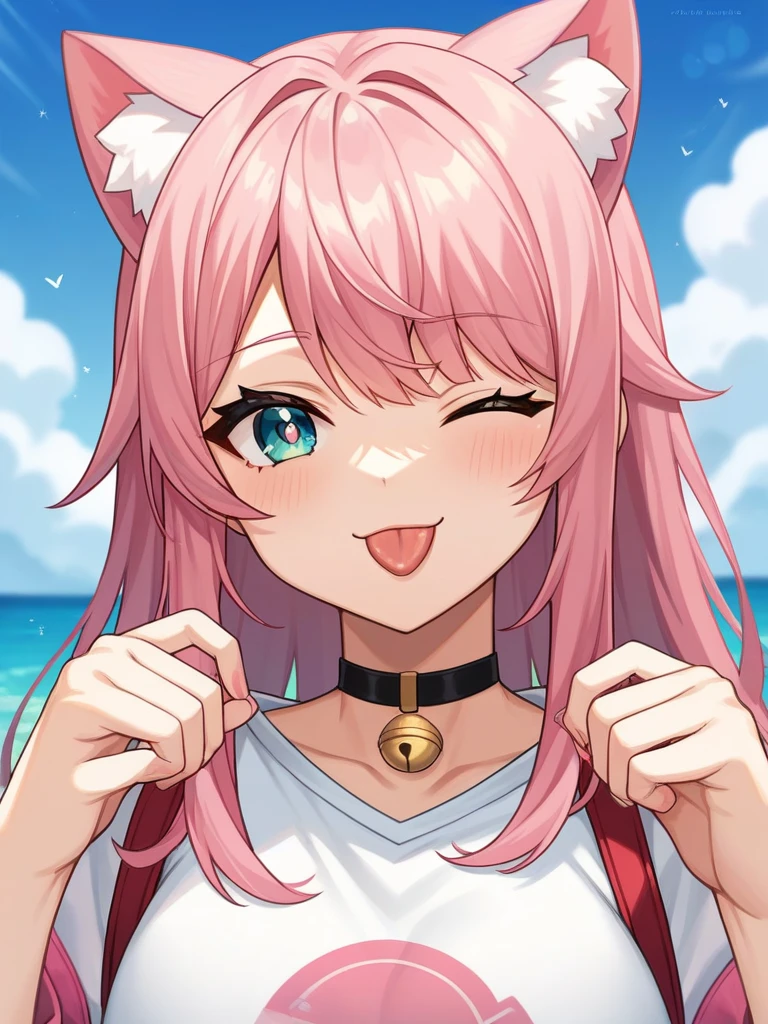 Adult, Female, long pink hair, oceanic eyes, winking, tongue out, vtuber, otaku bedroom, Masterpiece, Accurate, Anatomically Correct, Best Quality, High Details, Detail, Super Detailed, Best detail, Perfect detail, Amazing detail, [-3, 3], perfect fingers, perfect body, best body, amazing body, Looking at viewer, front facing, upper body shot, Cat Ears, Close-Up, 