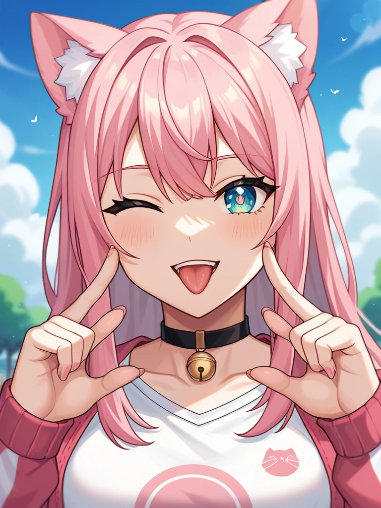 Adult, Female, long pink hair, oceanic eyes, winking, tongue out, vtuber, otaku bedroom, Masterpiece, Accurate, Anatomically Correct, Best Quality, High Details, Detail, Super Detailed, Best detail, Perfect detail, Amazing detail, [-3, 3], perfect fingers, perfect body, best body, amazing body, Looking at viewer, front facing, upper body shot, Cat Ears, Close-Up, 