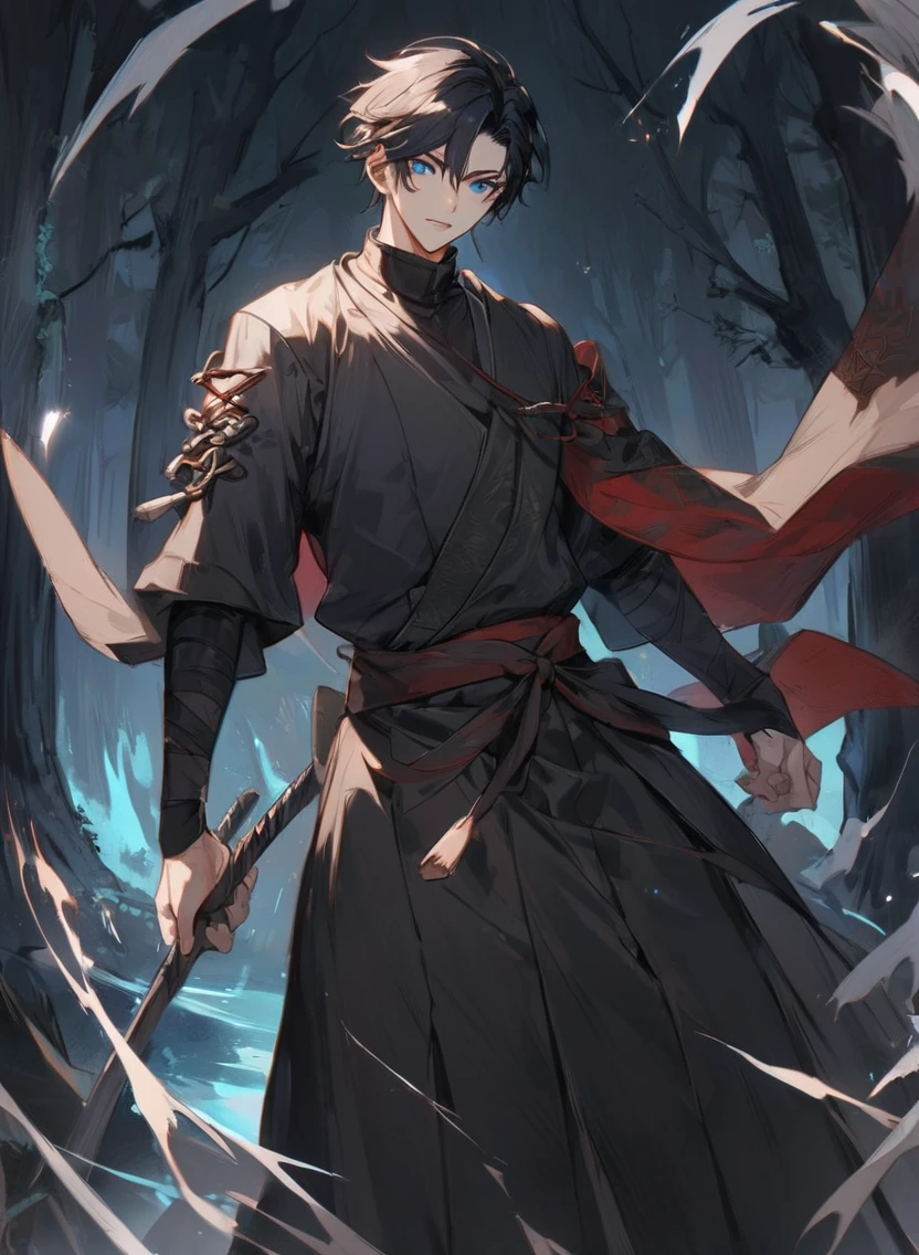 young man ,Male Dark, dark Woods, dark black colors, monk dnd, man black hair with blue eye, shinobi costume style