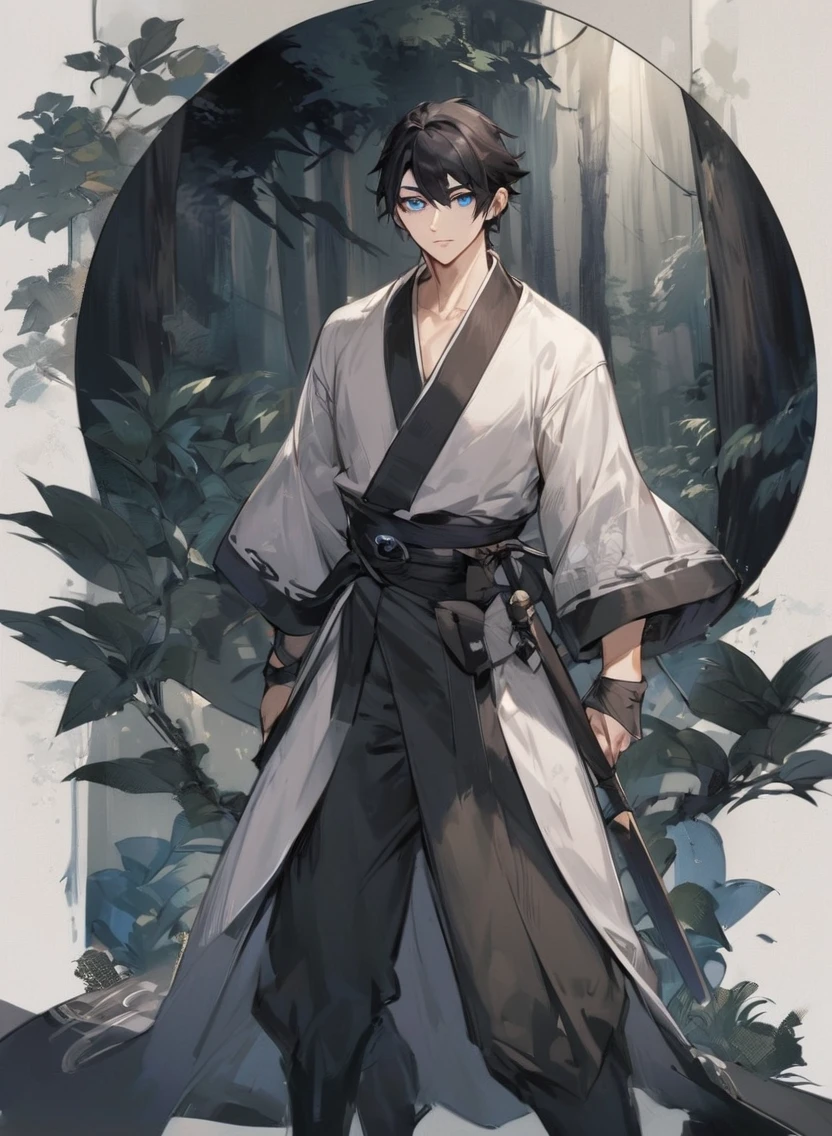 young man ,Male Dark, dark Woods, dark black colors, monk dnd, man black hair with blue eye, shinobi costume style