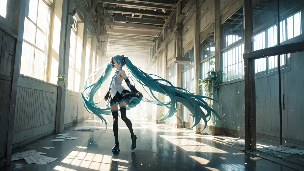 Hatsune Miku wanders through the corridors of time、A fantastical illustration depicting a scene where fragments of the past, such as faded photographs, are picked up.。