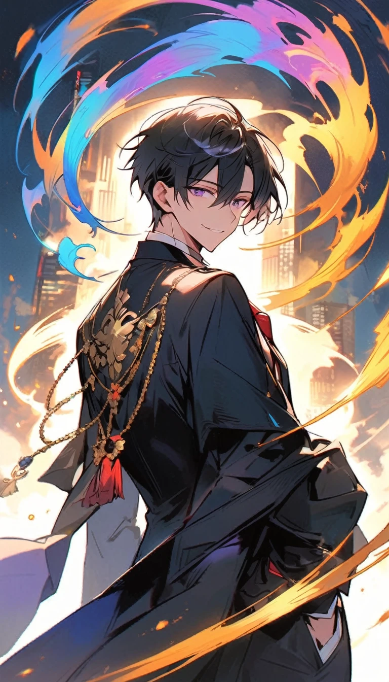 good looking, alone, 1 male, short hair,  Smile Facial,1. Boy with black and purple hair,  Moderate height, Slim body, Long coat, Black lining,good looking, short hair, Black Hair, Rainbow Hair, Purple eyes, 先端がスモーキーグレーのBlack Hair,  smoking, Black light,smile、, Bright, sharp eyes illuminate the scene,uniform,Fewer accessories,whole body,Background white,(masterpiece, Highest quality), Yishang_edge, Default_Costume, One boy, alone, Red tie, Black jacket, Black vest, Jacket on shoulders, White shirt, Collared shirt, Black trousers, View your viewers, city, night, From below,Lots of cool accessories,back,Right behind