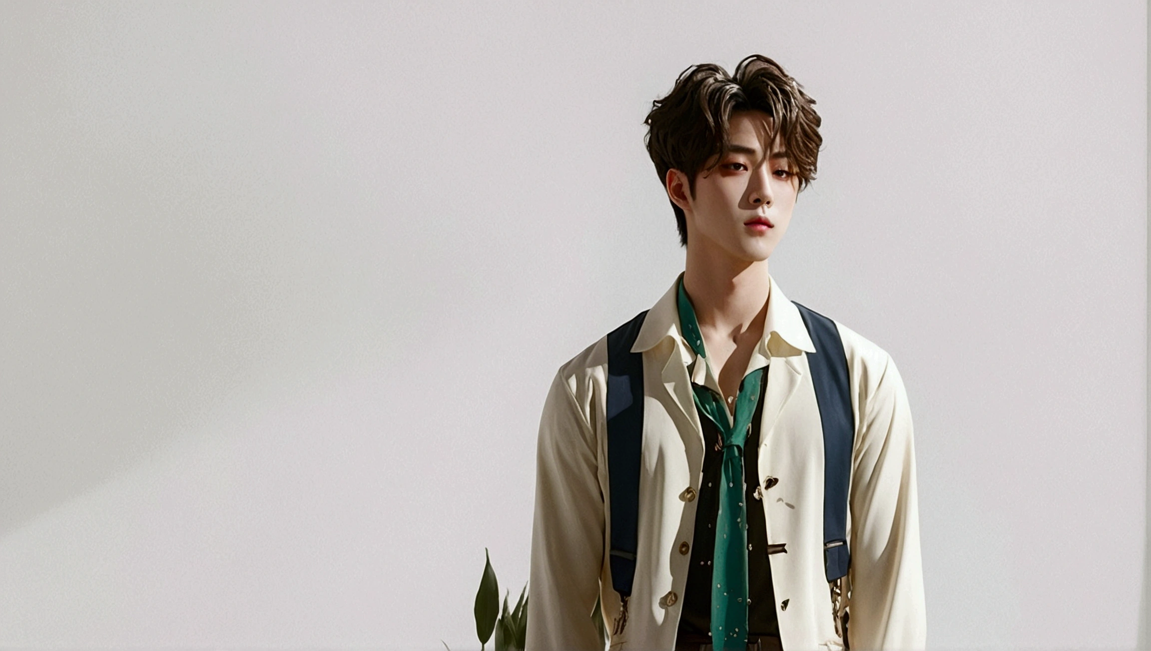 A young manhwa boy with skin white as milk, exuding an ethereal glow. He is dressed in a pristine white suit with elegant details, like a fitted jacket & pants. His eyes are covered with a white blindfold, hinting at hidden powers and adding an air of mystery. His hair is perfectly styled, soft and slightly tousled, framing his handsome face. He possesses the captivating looks of a K-pop idol, with a chiseled jawline and a serene, almost otherworldly expression. The background should be a soft, blurred gradient, perhaps with subtle hints of light and shadow to accentuate his striking appearance without detracting from his figure."