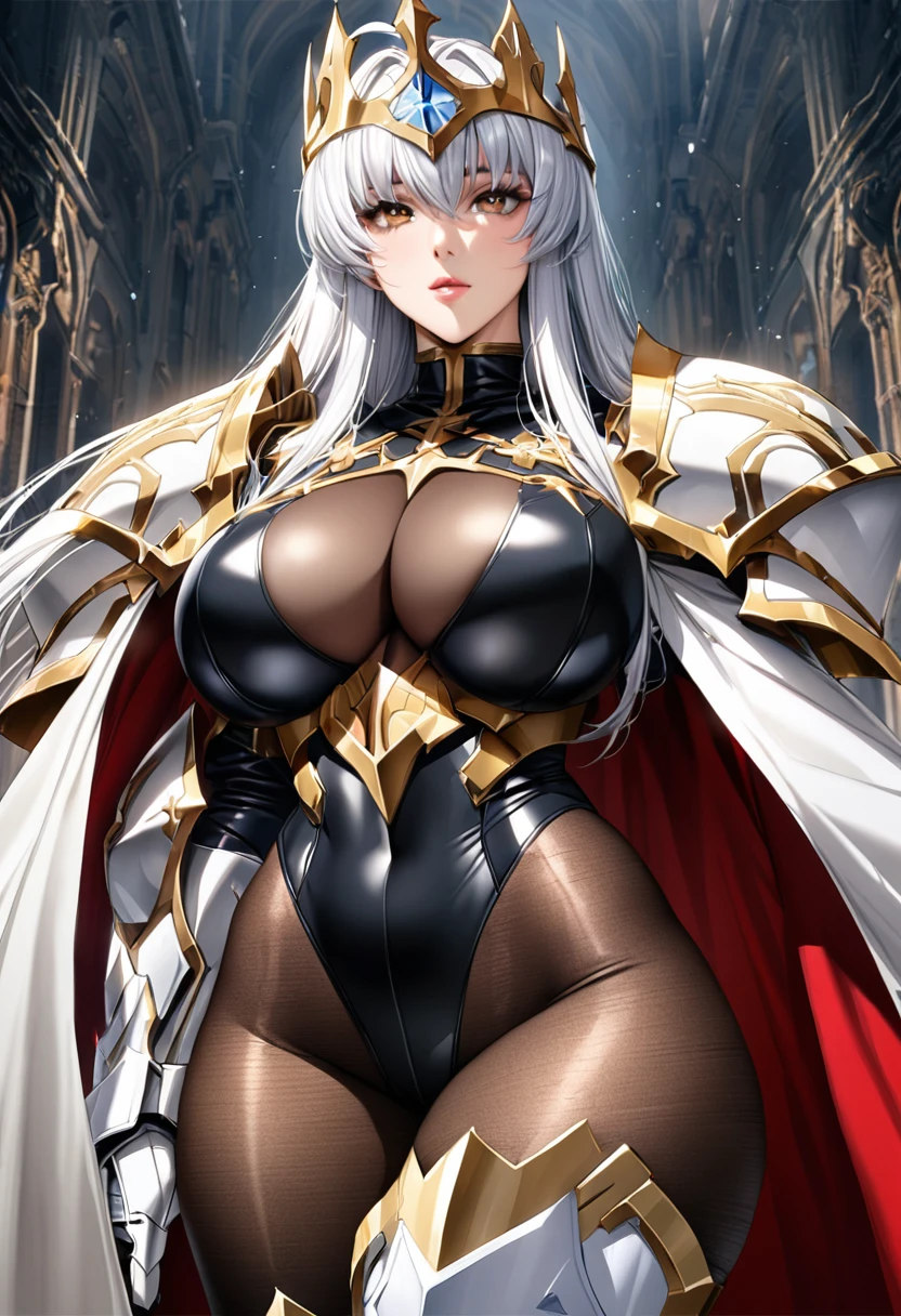 ((highest quality)), ((masterpiece)), ((hyperrealistic)), (detailed background), 1girl, ((curvy: 1.2)), perfect face, Langrisser, makeup, ((Queen)), ((Cross black leotard: 1.5)), ((catsuit)), ((black paladin armor: 1.3)), ((long skirt)), (Noble cloak de cour), battle crown, gauntlet, gloves, silver straight hair, ahoge, (huge breasts: 1.3), (see-through cleavage cutout: 1.2), (brown see-through pantyhose thigh: 1.3), (zettai ryouiki armored thigh high boots), beautiful eyes, Perfect hands, perfect fingers,