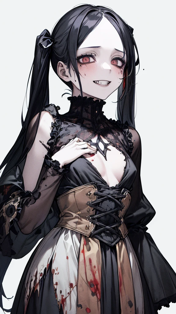 (Masterpiece: 1. 2, top quality), (live action, elaborate detail), (anatomically correct), (one girl, small breasts, open eyes, scary atmosphere, gothic ta outfit, distorted expression, evil smile, bloody eyes, blood splatter, full body, twin tails, black hair, (dark circles under eyes), white, morbid, crazy eyes, ( grin), dramatic makeup, mixed media art, white background