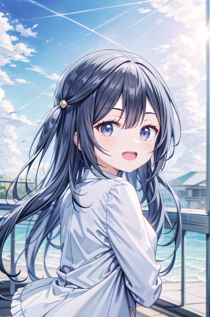 (best quality, masterpiece:1.2), 1girl, solo, anime, anime screencap,  ray tracing, global illumination, ultra resolution image, vivid color,  cinematic light,  lens flare,  light on face, glow eyes,  depth of field, happy, detailed background, cute,  straight-on, smile, looking at viewer, outdoors, sky, cloud, 
 Yuki Setuna, upper body, jacket, long sleeves,Outdoor、Strong winds、Panty shot