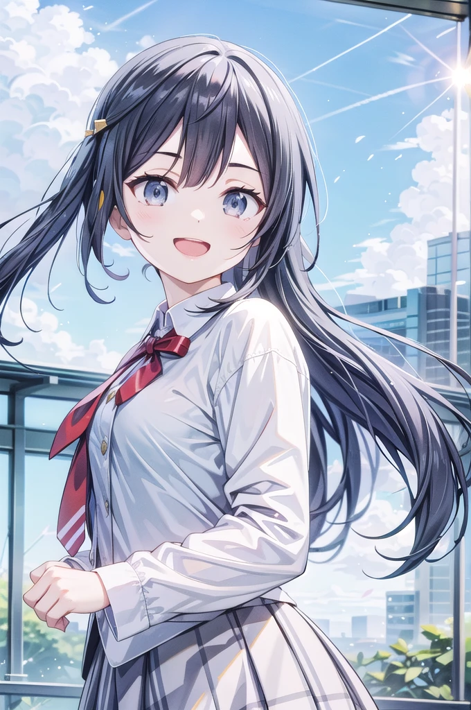 (best quality, masterpiece:1.2), 1girl, solo, anime, anime screencap,  ray tracing, global illumination, ultra resolution image, vivid color,  cinematic light,  lens flare,  light on face, glow eyes,  depth of field, happy, detailed background, cute,  straight-on, smile, looking at viewer, outdoors, sky, cloud, 
 Yuki Setuna, upper body, jacket, long sleeves,Outdoor、Strong winds、Panty shot