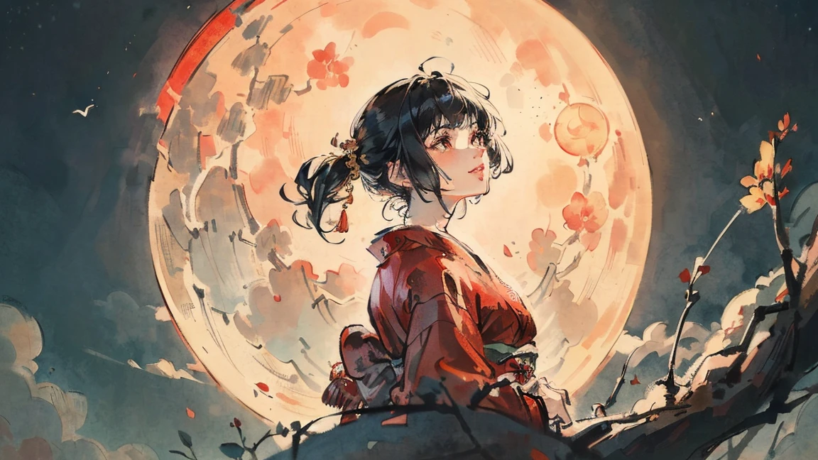 (((beautiful girl))), (((red cheek))),(((Pixie Cut))) ,(((light smile))),(((arched back))),(((Gazing Skyward))),(((Gazing away))), (((Giant Willowの木))),(((Giant Willow))), (((shoot from below))),(((from side))),(((night))) (((Super huge full moon))), (Lips are red:1.5),20-year-old, Watercolor, masterpiece, Highest quality, Very delicate and beautiful girl,Very delicate and beautiful, world masterpiece theater, Super detailed, Very detailedな, Highest quality,(((fancy red kimono)))。 (((Black Hair))), (((Black Hair))), (((Black Hair))), (((Upper Body))), High resolution, Very detailed,5 girls, Highest quality, figure, masterpiece, Highest quality, Accuracy, A woman in her twenties from the late Edo period, He has a modern anime-like face.