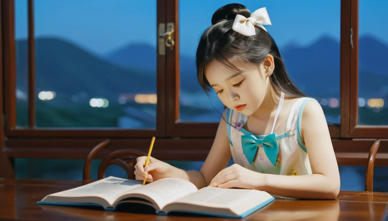 First-class quality，8K resolution，masterpiece，Fresh，Close-up shot，Chinese  bows her head to read a book，Sitting at the table，Fashion suspender top，Fair skin，Bright colors，Summer Night，The background is a window，Night view outside the window