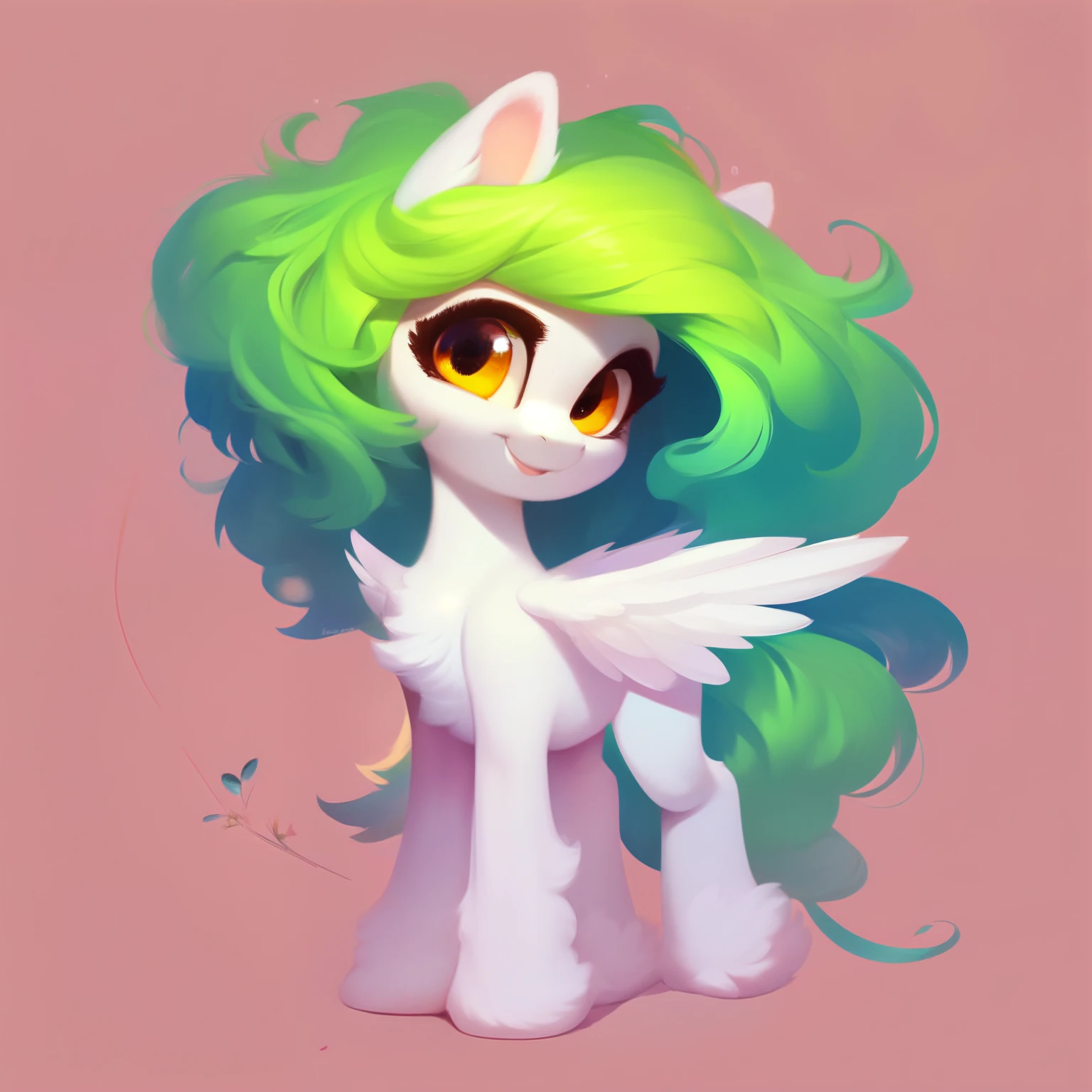 rating_safe, score_9, fluffy, a child , a little pegasus pony with spread wings.round cute face。She had white skin, Springgreen mane, long mane,a happy smile, and innocent and clear golden eyes. happily,Childlike innocence。only 2 wings。She is a spiritually curious child。very cute,a child,small
