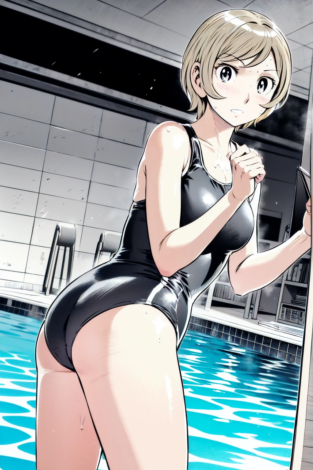 Blue school swimsuit、(masterpiece、Highest quality)、Highest quality, Ultra-high resolution, (((masterpiece))), alone, Sweat、Big eyes, Composition from the front、Shortcuts、Embarrassed face、blonde、Cut your hair short、School swimming pool、short hair、Pussy Line、Browsing Caution、Butt