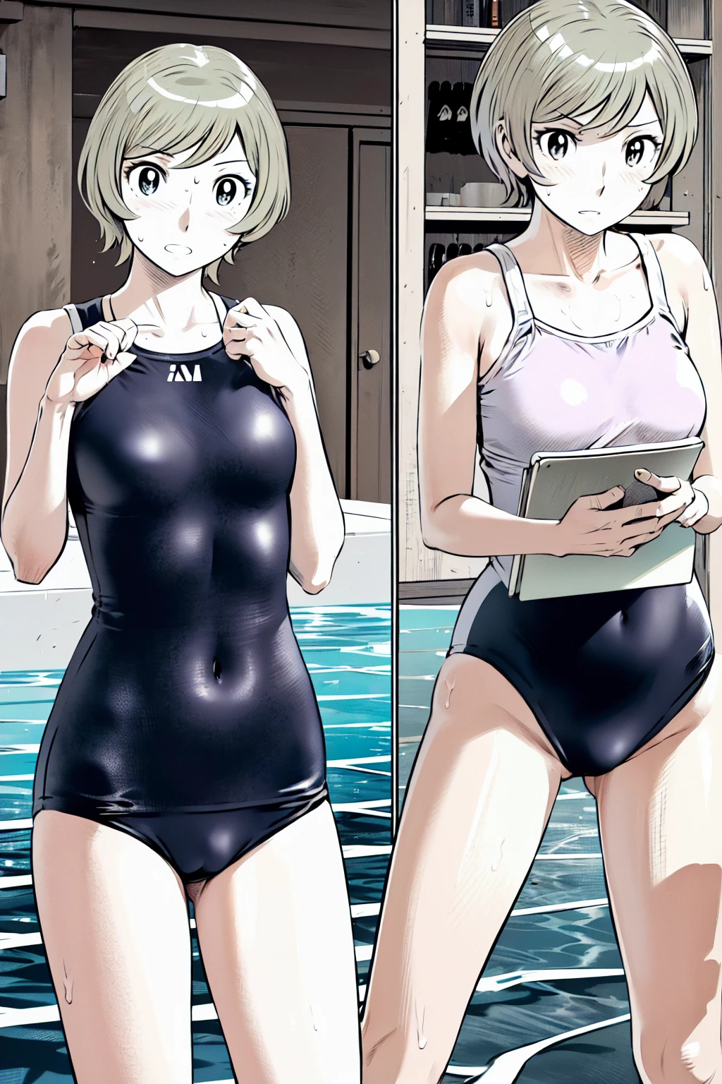 Blue school swimsuit、(masterpiece、Highest quality)、Highest quality, Ultra-high resolution, (((masterpiece))), alone, Sweat、Big eyes, Composition from the front、Shortcuts、Embarrassed face、blonde、Cut your hair short、School swimming pool、short hair、Pussy Line、Browsing Caution、Butt