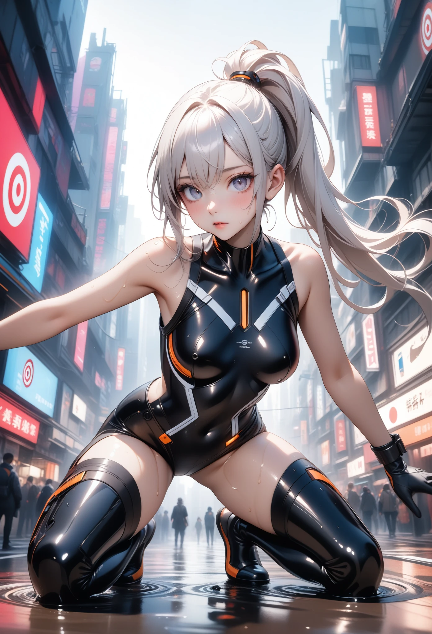 1girl, ((very long ponytail)), white hair, (beautiful detailed eyes), silver eyes, ((target shaped eye)), intricate plug suit, side cutout, clavicle, cyberpunk city, futuristic, masterpiece, best quality, very aesthetic, absurdres, newest, ai-generated, intricate details, realistic, photorealistic,, (Erect nipples:0.7), (visible nipples:0.5), ((shiny and lustrous)), ((brown black skin)), ((Oily_skin)), sweaty skin, wet skin, dutch angle, ((sexy pose)), Dynamic poses,