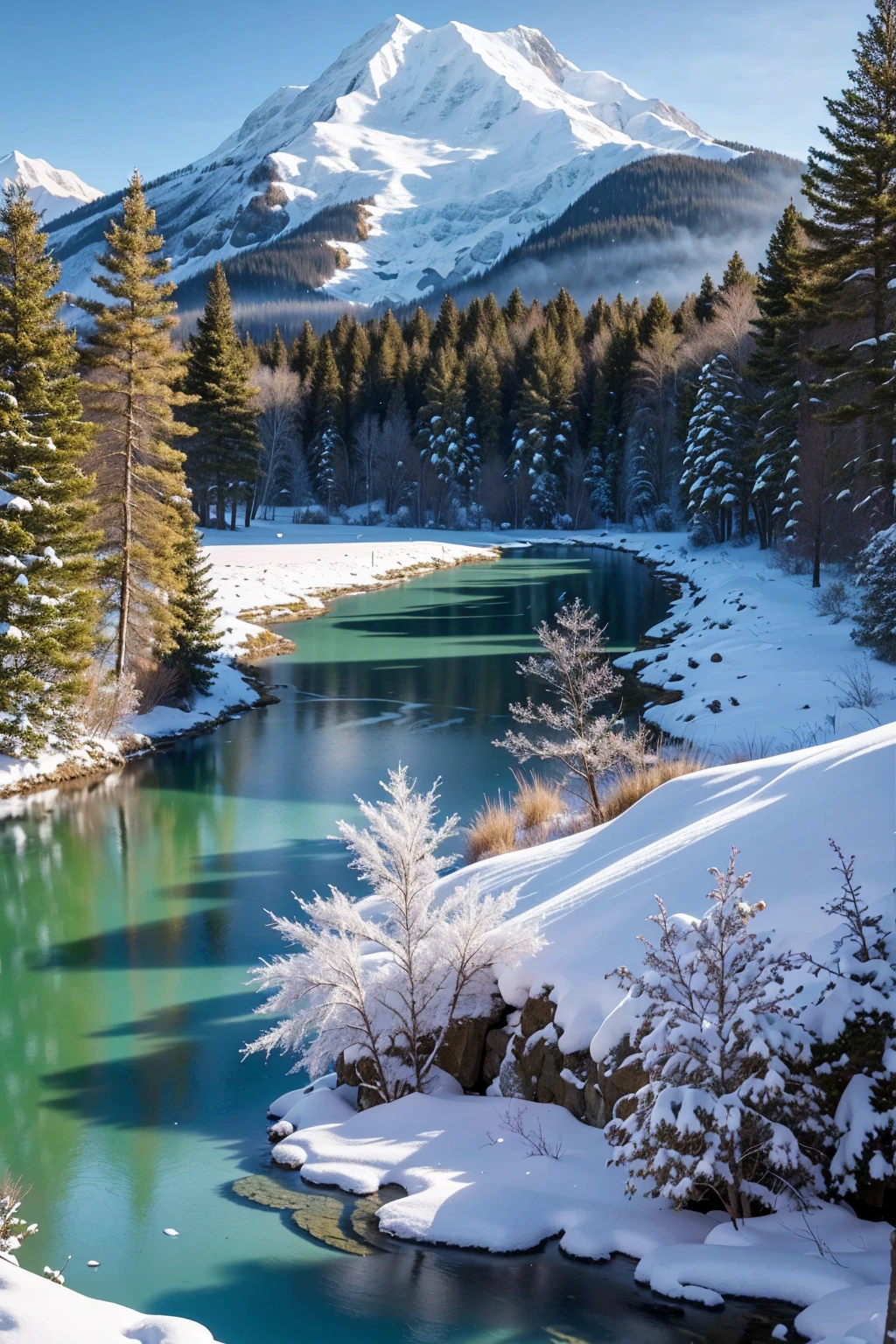 Skysky, colorful auspicious clouds, a snow-covered mountain with a lake and trees, thick snow, soft mist, extreme beautiful, 8K wallpapers, winning artwork, art photography, matte painting, Terragen