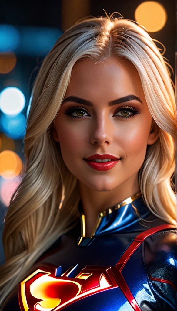 (dynamic lighting), (75mm), (realism), ((realistic:1)), (depth of field:1), (UHD), (32k))), (Mastepiece), (highres, high resolution), (Advanced facial details:1), ((shiny skin)), (photorealistic:1), (dslr), (soft lighting), (high quality), (clearly face:1.0), (((full body shot))), (((full body portrait:1.5))), (finely detailed face:1.0), (top quality), (Best Quality:1), ((long straight platinum blonde hair)), ((alena aenami)), smiling, ((VERY INTENSE MAKEUP)), voluptuous, neckline, sexy, Superheroine power girl,
