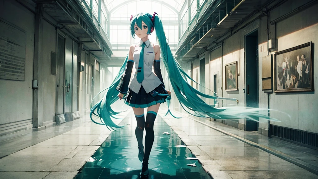 Hatsune Miku wanders through the corridors of time、A fantastical illustration depicting a scene where fragments of the past, such as faded photographs, are picked up.。