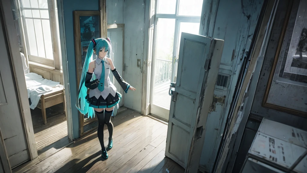 Hatsune Miku wanders through the corridors of time、A fantastical illustration depicting a scene where fragments of the past, such as faded photographs, are picked up.。