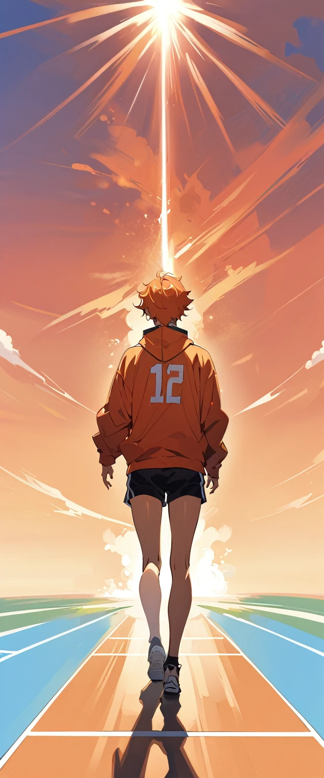 (Highest quality),(masterpiece), 8k,Very detailed, Detailed light, Best Shadow,Detailed reflective eyes, Beautiful Eyes, Very detailedな顔,Shiny Hair,One person,Gloss,Hinata Shoyang,Orange Hair,looking at the camera,front,Sense of presence,Volleyball court,smile,spike,Description during jump,Volleyball Net,One Boy,Hinata Shoyo,