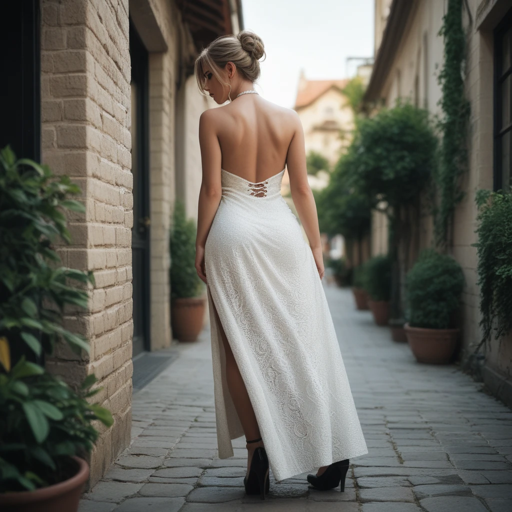  woman squatting on her knees  in a long dress, rear view angle fully