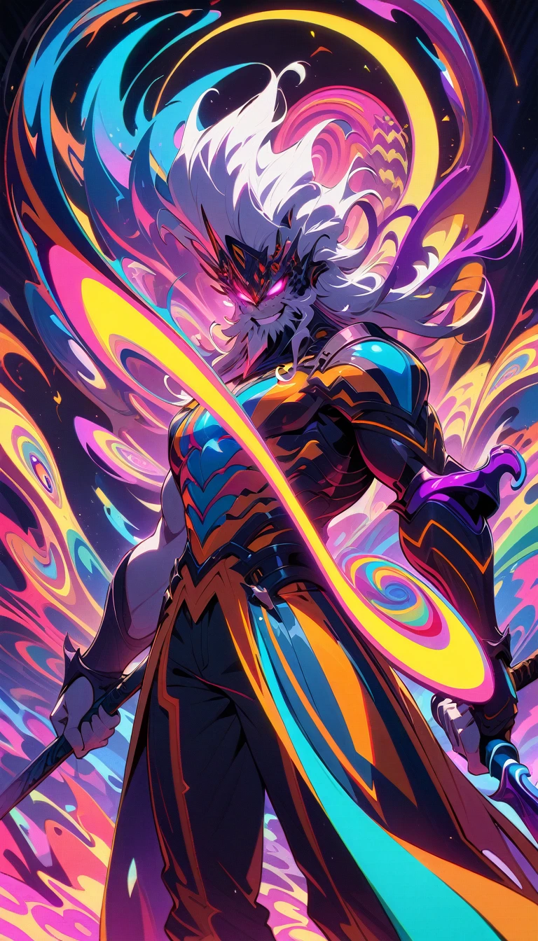((best quality)) , ((masterpiece)) , (detailed),weapon, armor, holding, long hair, facial hair, glowing eyes, 1boy, male focus, holding weapon, glowing, sword, outdoors, helmet, braid, teeth, fire, shoulder armor, pants, grey hair, beard, bangs, holding sword, muscular male, white hair,(((psychedelic style . vibrant colors, swirling patterns, abstract forms, surreal, trippy)))