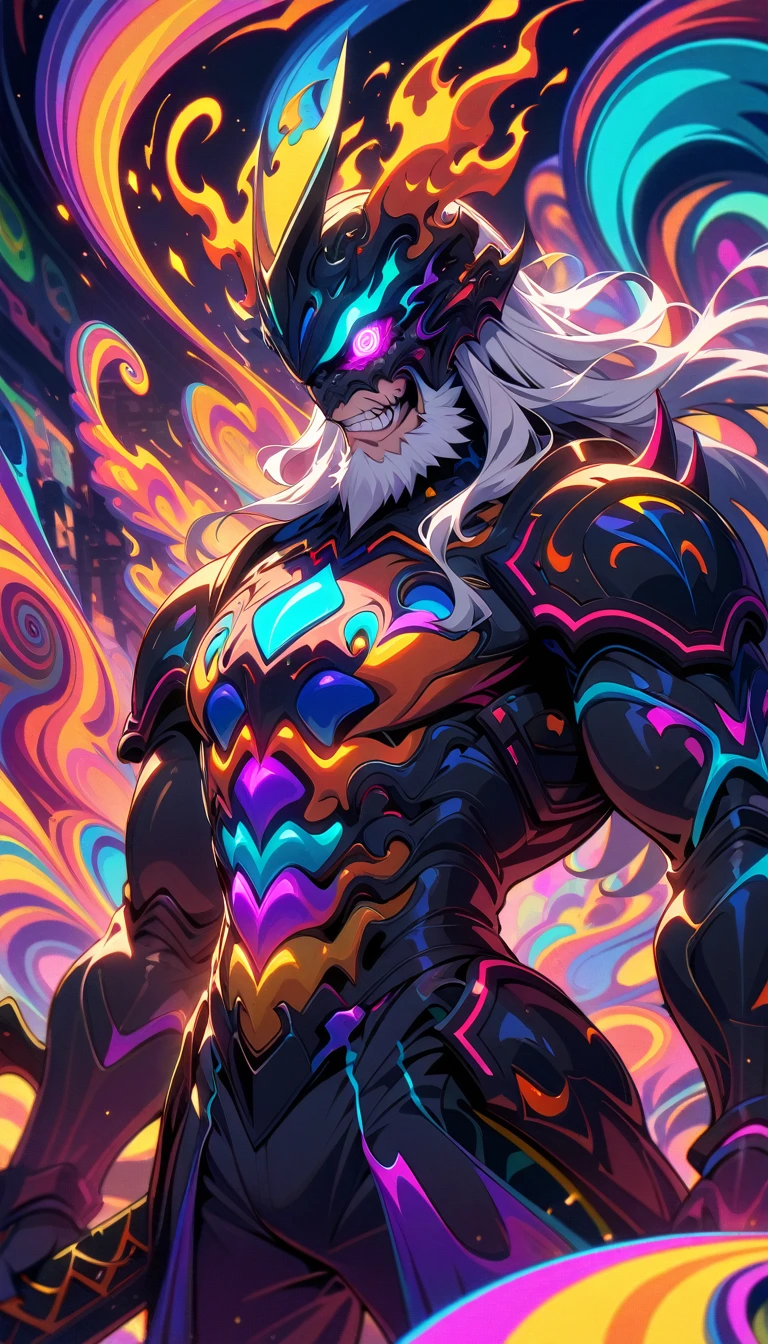 ((best quality)) , ((masterpiece)) , (detailed)，weapon, armor, holding, long hair, facial hair, glowing eyes, 1boy, male focus, holding weapon, glowing, sword, outdoors, helmet, braid, teeth, fire, shoulder armor, pants, grey hair, beard, bangs, holding sword, muscular male, white hair,(((psychedelic style . vibrant colors, swirling patterns, abstract forms, surreal, trippy)))