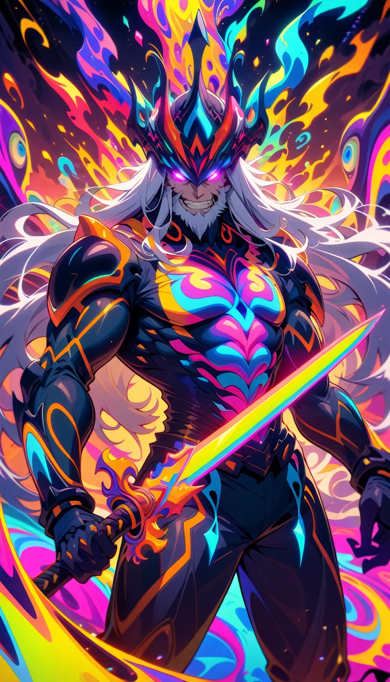 ((best quality)) , ((masterpiece)) , (detailed),weapon, armor, holding, long hair, facial hair, glowing eyes, 1boy, male focus, holding weapon, glowing, sword, outdoors, helmet, braid, teeth, fire, shoulder armor, pants, grey hair, beard, bangs, holding sword, muscular male, white hair,(((psychedelic style . vibrant colors, swirling patterns, abstract forms, surreal, trippy)))