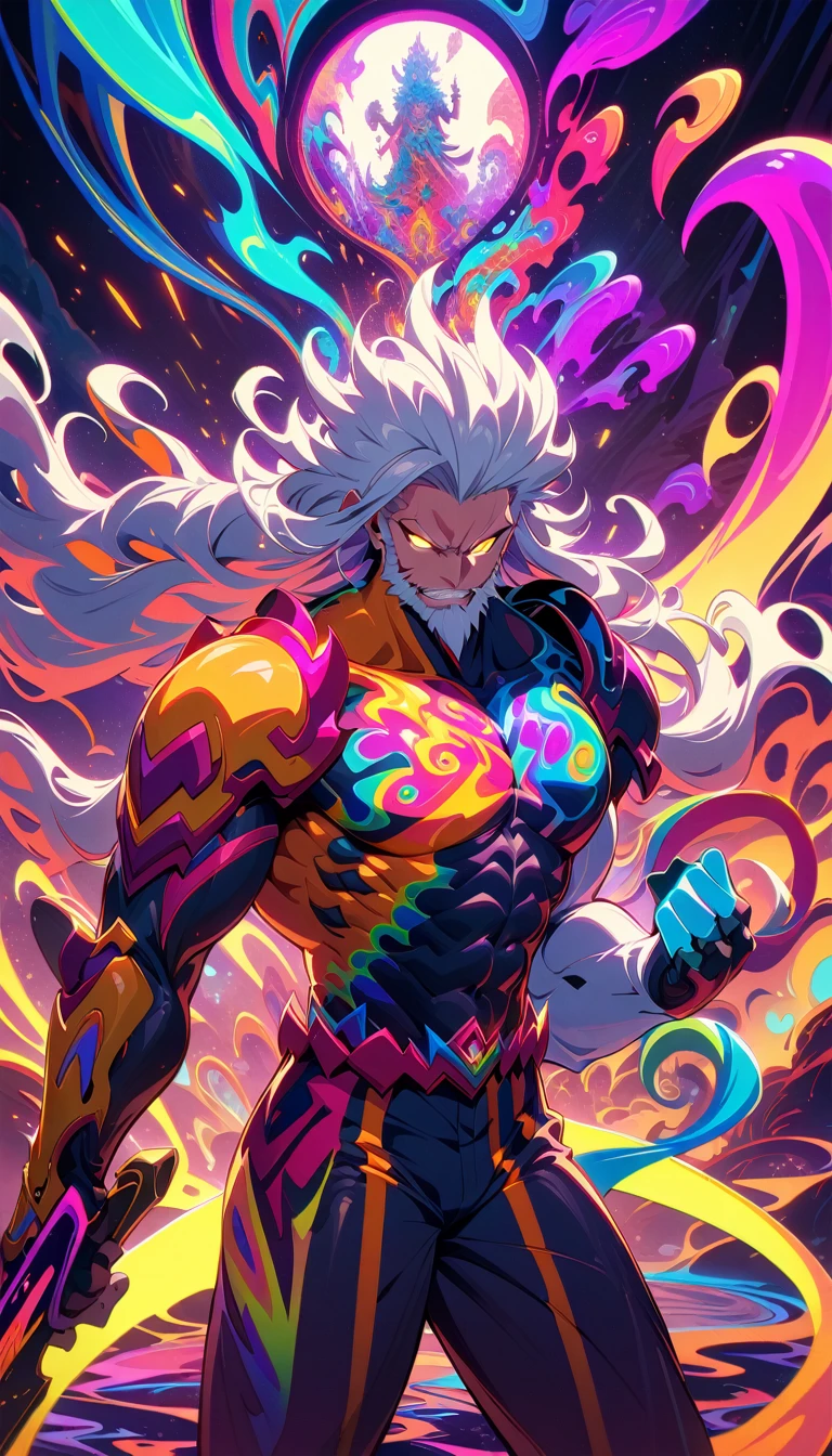 ((best quality)) , ((masterpiece)) , (detailed),weapon, armor, holding, long hair, facial hair, glowing eyes, 1boy, male focus, holding weapon, glowing, sword, outdoors, helmet, braid, teeth, fire, shoulder armor, pants, grey hair, beard, bangs, holding sword, muscular male, white hair,(((psychedelic style . vibrant colors, swirling patterns, abstract forms, surreal, trippy)))