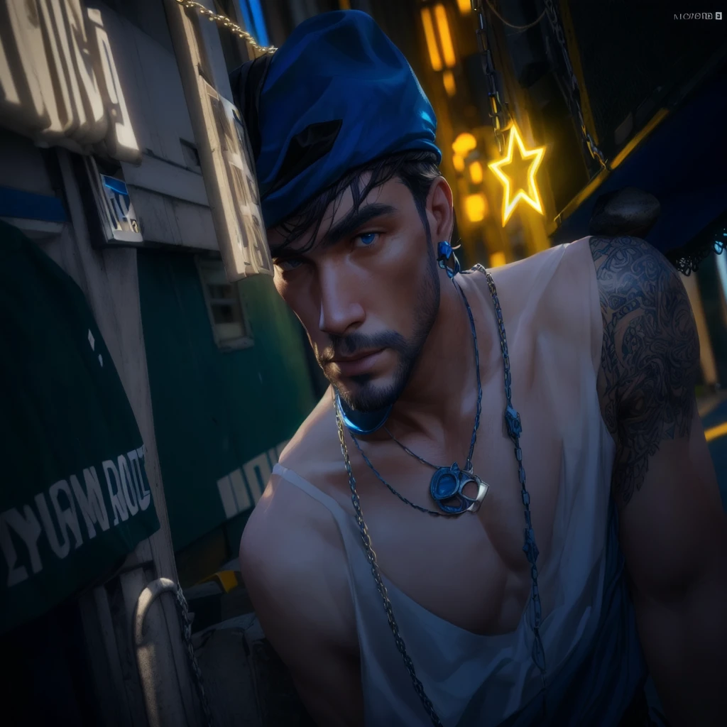 there is a man with a blue hat and a chain around his neck, photo-realistic low lighting, realistic