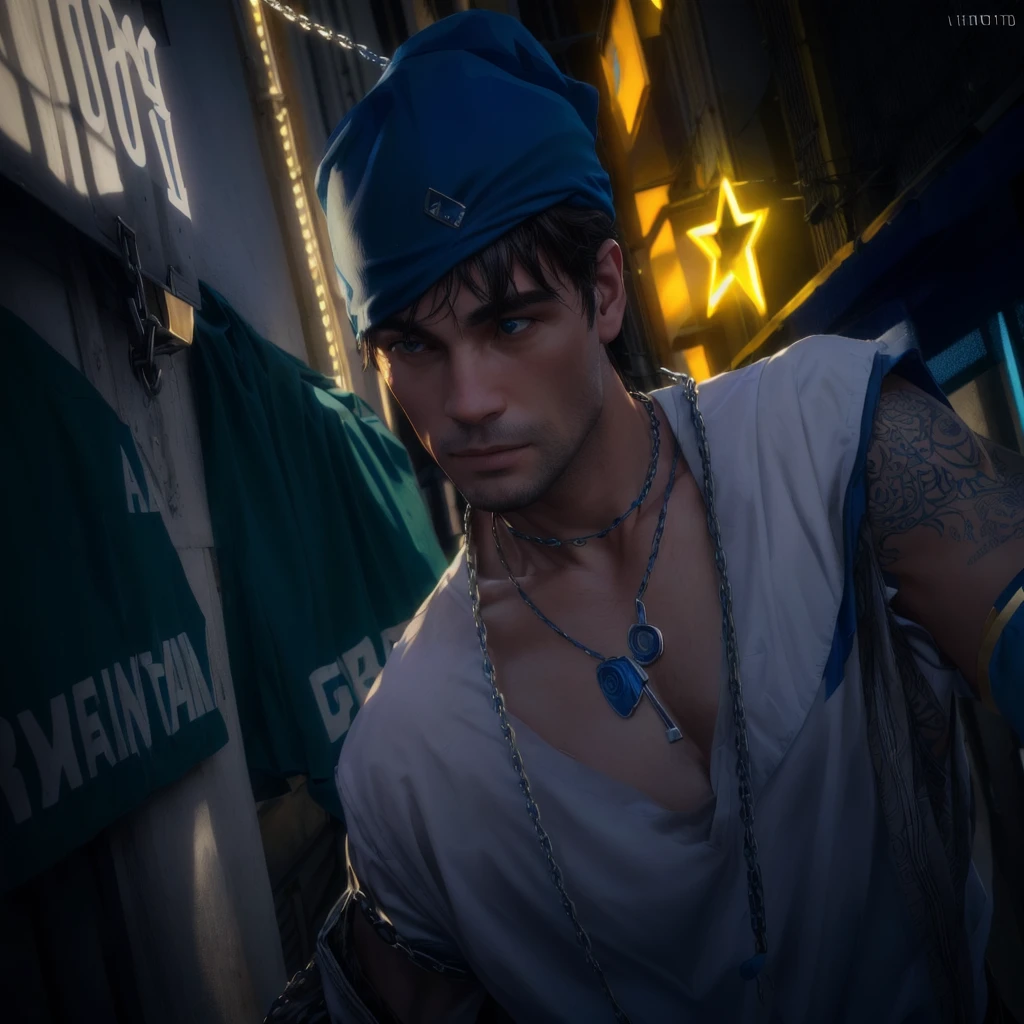 there is a man with a blue hat and a chain around his neck, photo-realistic low lighting, realistic