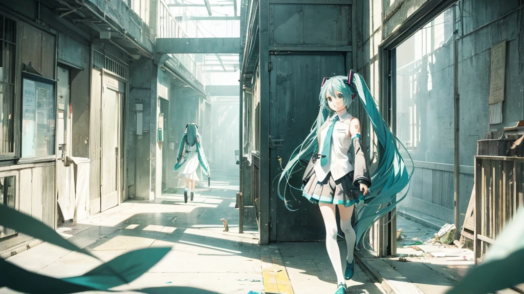 Hatsune Miku wanders through the corridors of time、A fantastical illustration depicting a scene where fragments of the past, such as faded photographs, are picked up.。