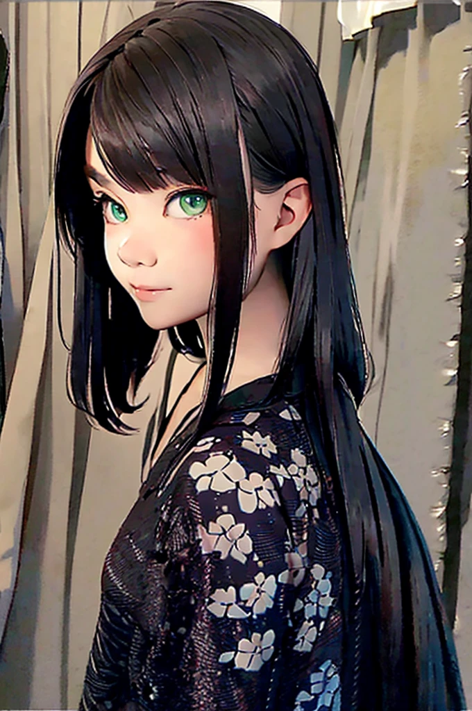 a young Japanese girl in dark clothes , greeneyes, bangss , star eye