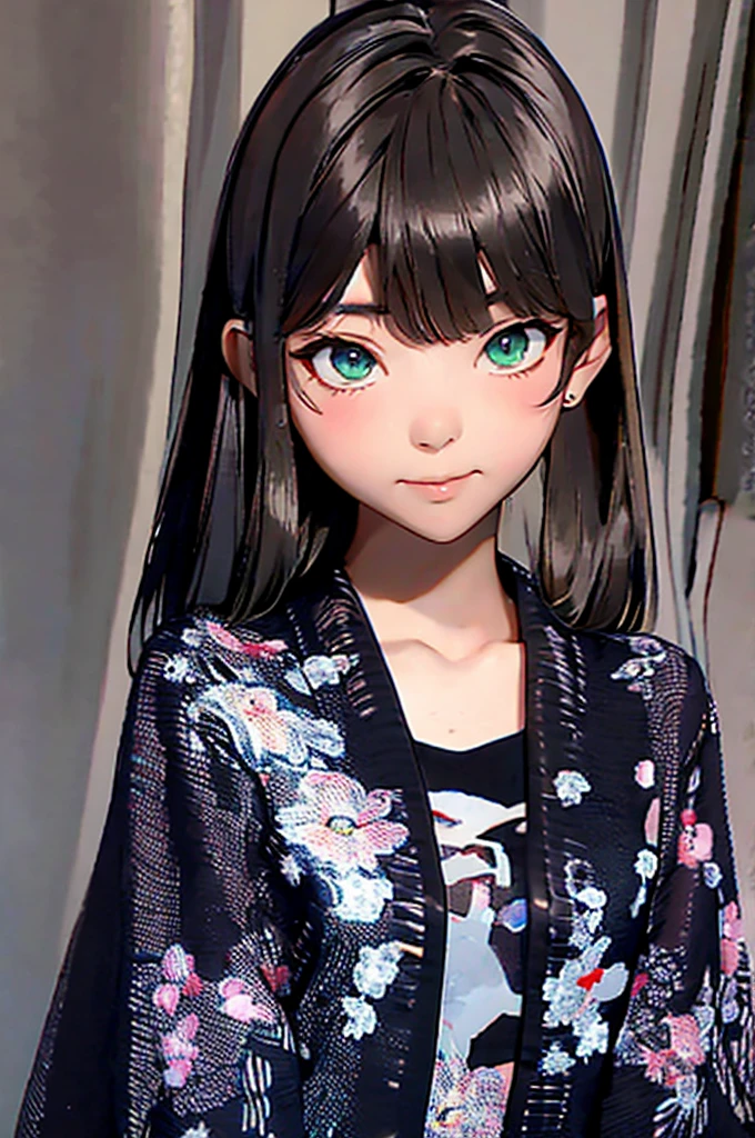 a young Japanese girl in dark clothes , greeneyes, bangss , star eye