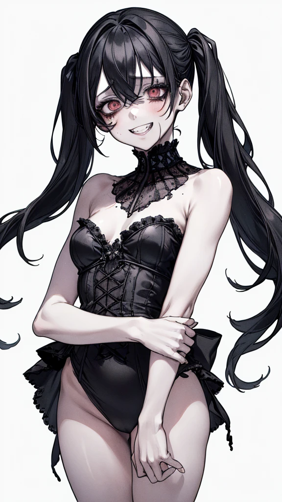 (Masterpiece: 1. 2, top quality), (live action, elaborate detail), (anatomically correct), (one girl, small breasts, open eyes, scary atmosphere, gothic ta outfit, distorted expression, evil smile, bloody eyes, blood splatter, full body, twin tails, black hair, (dark circles under eyes), white, morbid, crazy eyes, ( grin), dramatic makeup, mixed media art, white background