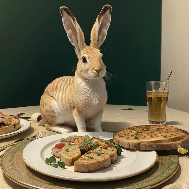 Place the image in a circle on an emerald background. Do not post anything other than an image.
A hare sits in front of a plate with natural-colored meat with a side dish.
Picture colors: beige, Tiffany, emerald.