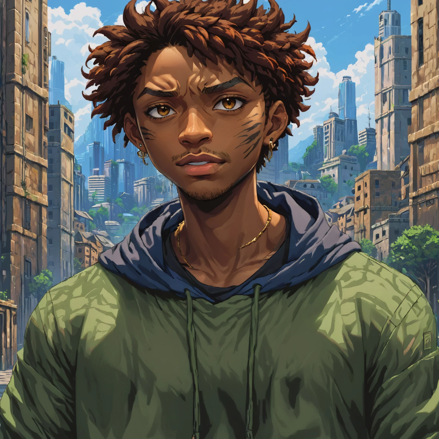 (masterpiece:1.2), (best quality), (ultra detailed), (8k, 4k, intricate),(half-body-shot:1), (highly detailed:1.2),(detailed background:1.2),((dark skin, handsome face,lips)) An close up of a person with dreadlocks in a city, white puff hoodie, blue shirt, tan pupils, male anime style, in an anime style, anime handsome man, in anime style, will smith anime style, handsome guy in demon slayer art, official art, anime style character, male anime character, realistic anime artstyle, official artwork, anime style only, young anime man, semirealistic anime style