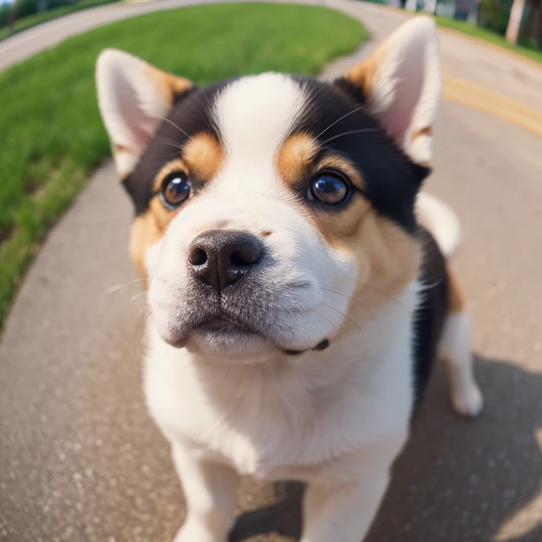Puppy Shiba Inu。Deform your face with a fisheye effect。 Cute expression。 Angle from the same perspective as the animals。The background is also realistic。Intricate details。8k。