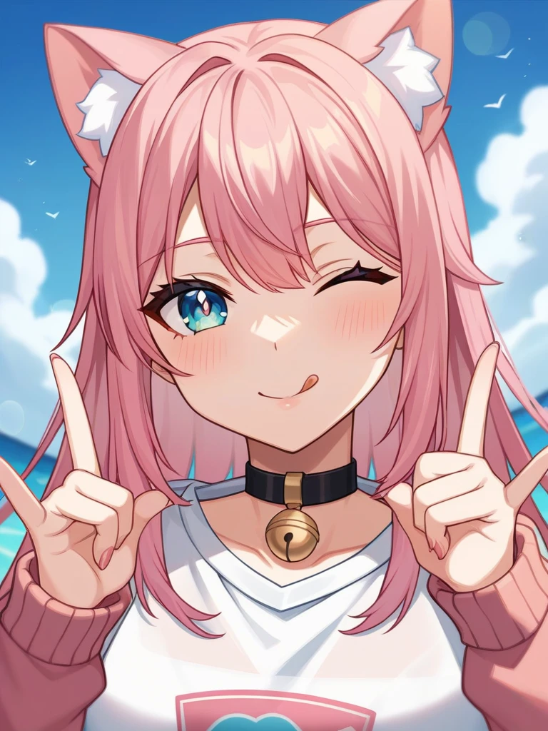 Adult, Female, long pink hair, oceanic eyes, winking, tongue out, vtuber, otaku bedroom, Masterpiece, Accurate, Anatomically Correct, Best Quality, High Details, Detail, Super Detailed, Best detail, Perfect detail, Amazing detail, [-3, 3], perfect fingers, perfect body, best body, amazing body, Looking at viewer, front facing, upper body shot, Cat Ears, Close-Up, 